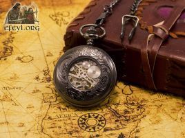 reloj bolsillo mecanico negro steampunk azul cuerda cadena