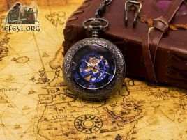 reloj bolsillo mecanico negro steampunk azul cuerda cadena
