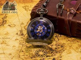 reloj bolsillo mecanico negro steampunk azul cuerda cadena
